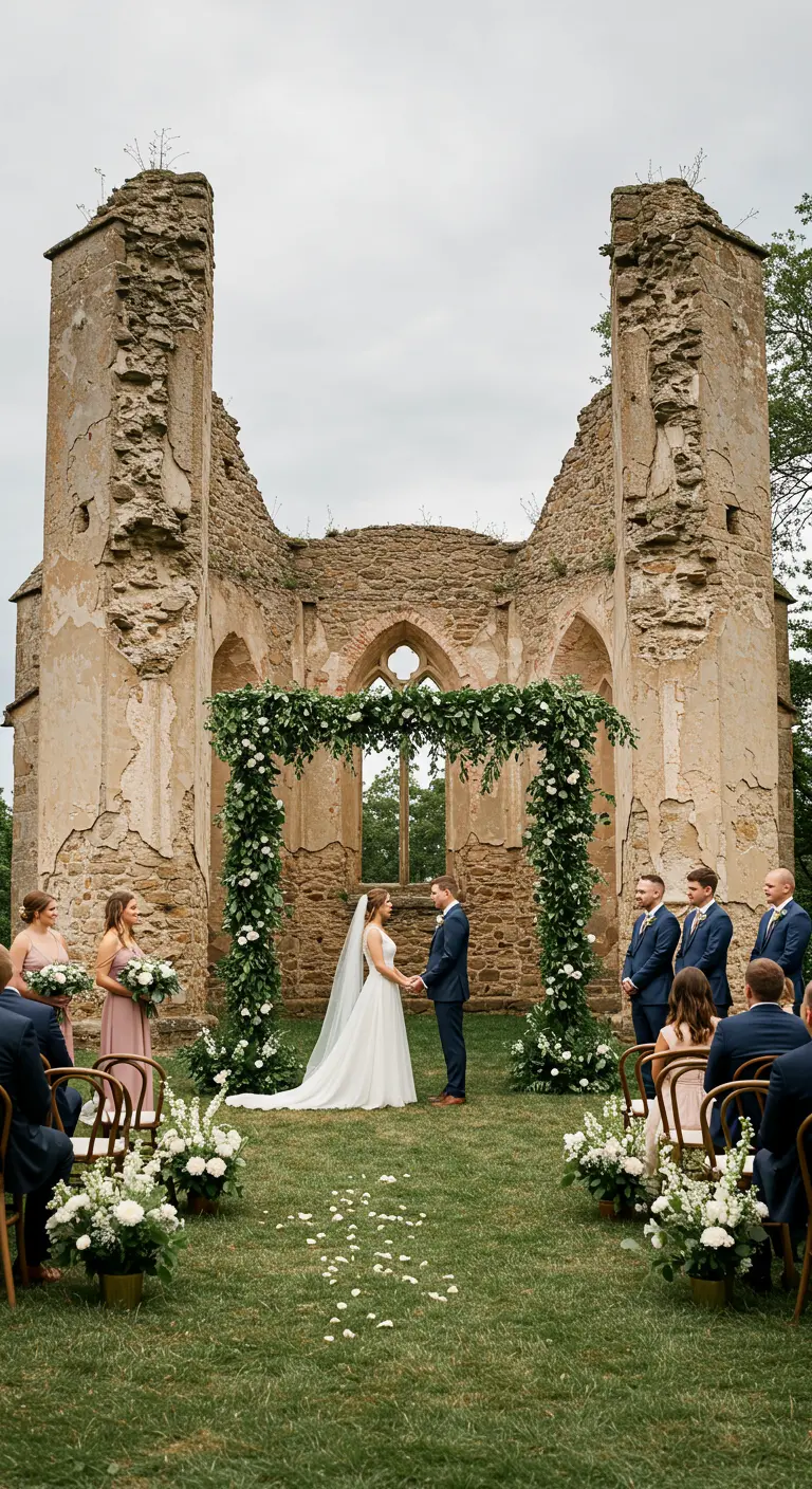 Pareja casándose bajo un arco de guirnaldas verdes y flores blancas frente a unas ruinas de piedra.