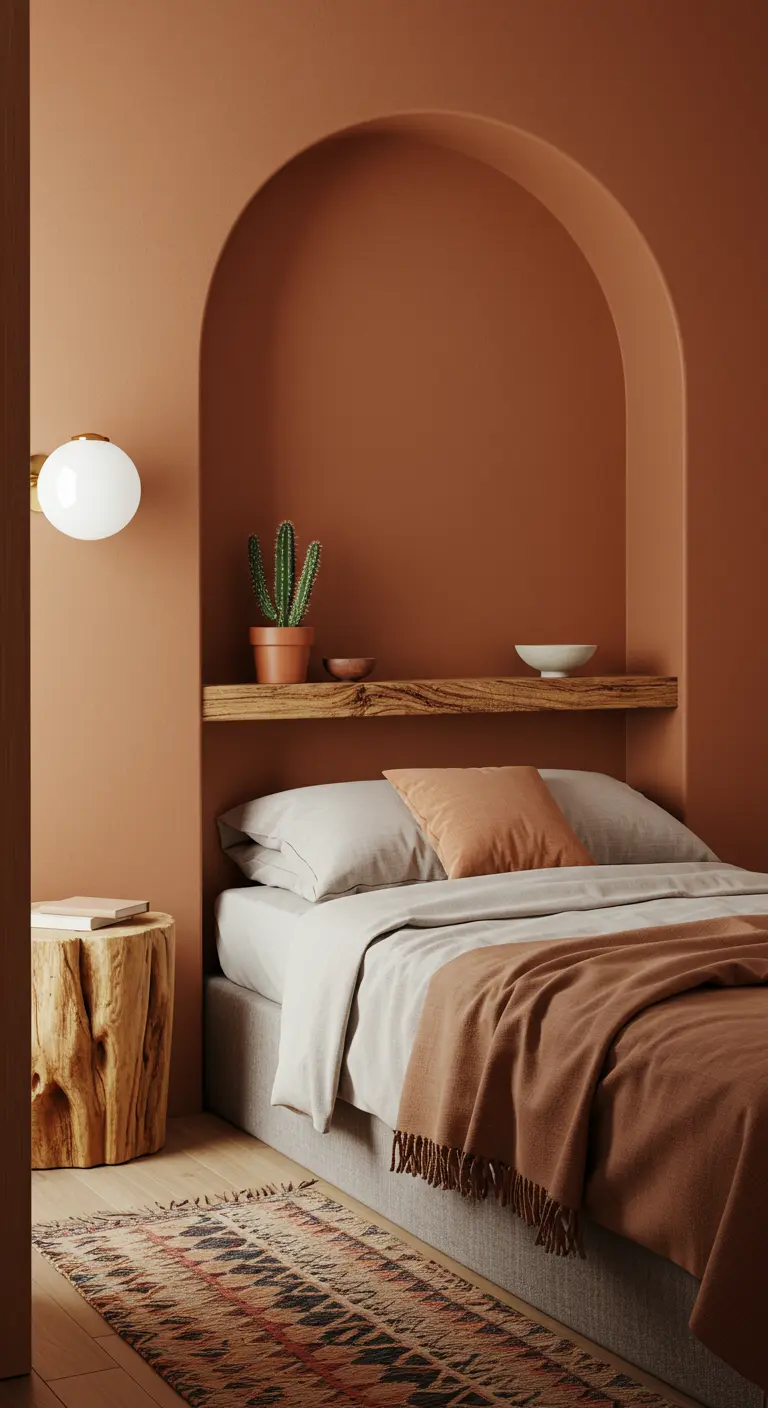 Nicho en forma de arco pintado en color terracota con una balda de madera como cabecero