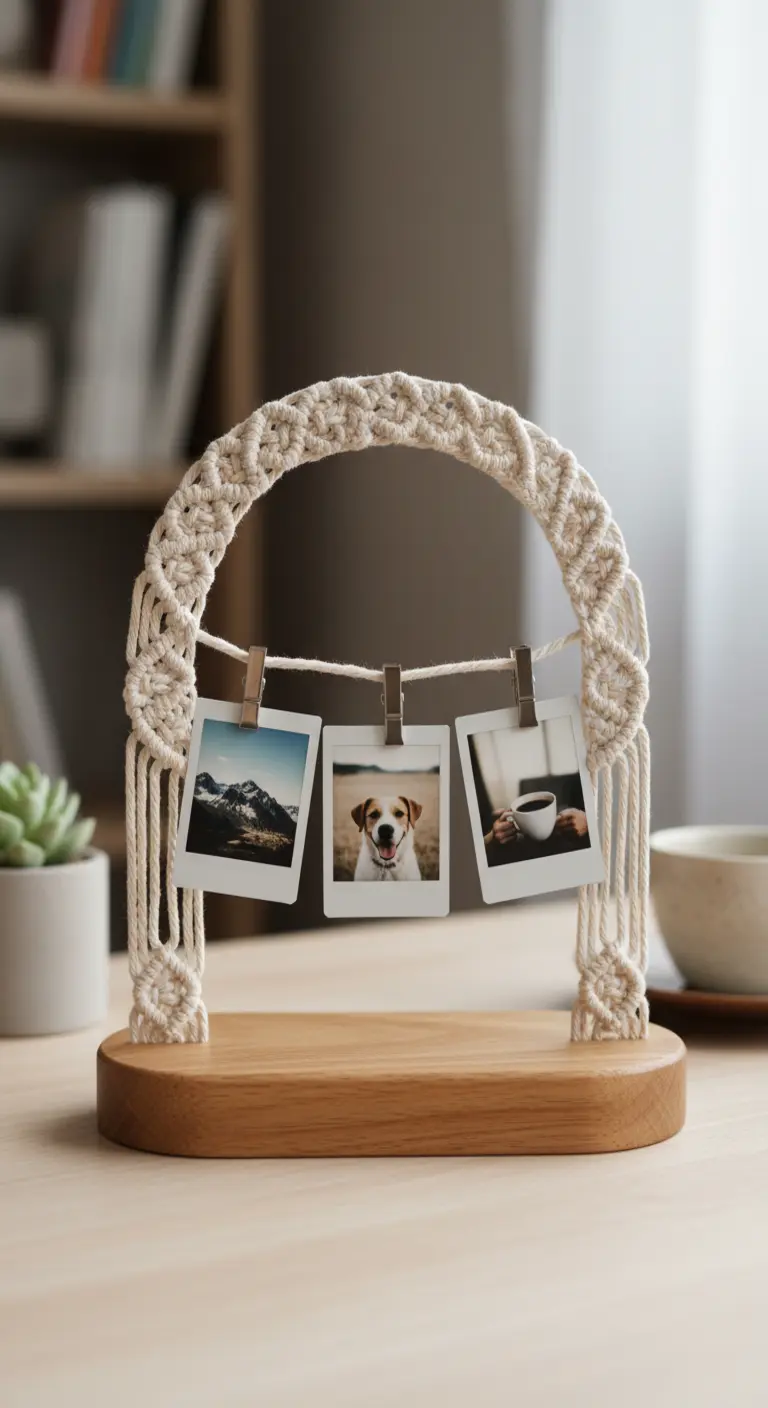 Soporte de sobremesa con un arco de macramé y una base de madera, con tres fotos colgando.