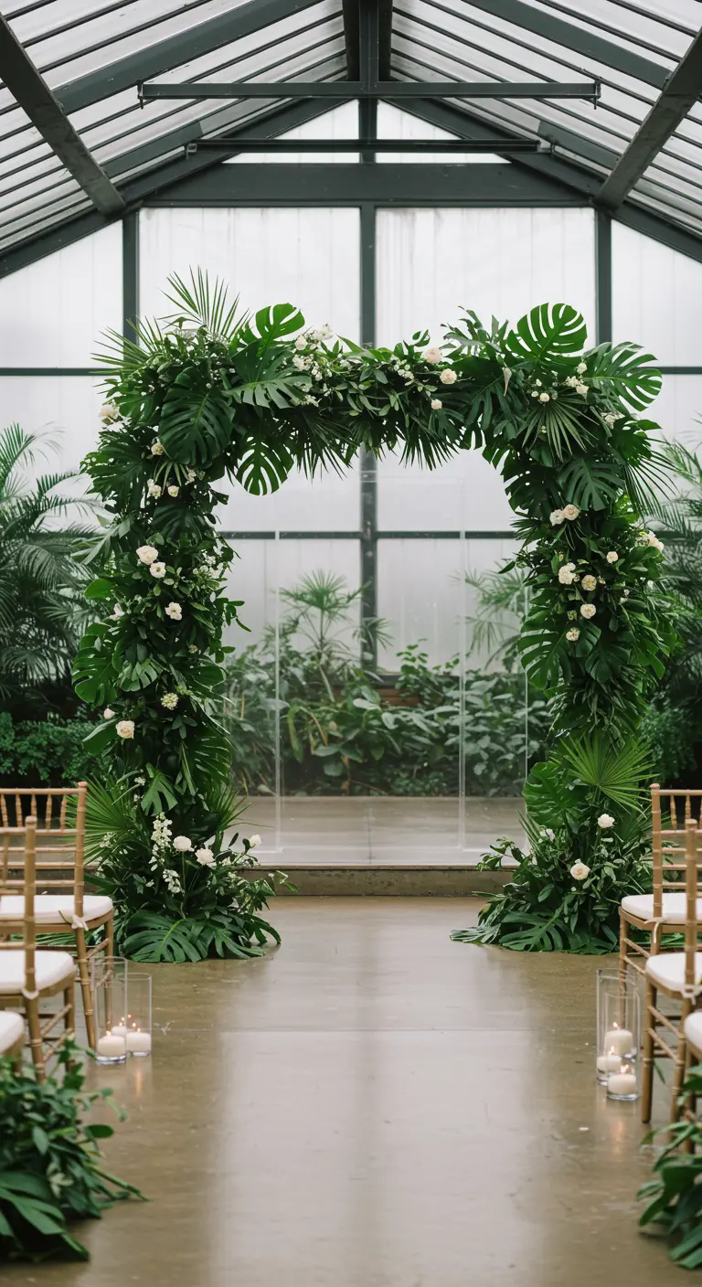 Impresionante arco de boda hecho con grandes hojas tropicales y flores blancas en un invernadero.