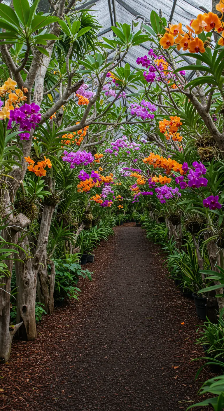 Pasillo de jardín con orquídeas de colores fucsia y naranja colgando de las ramas de los árboles.