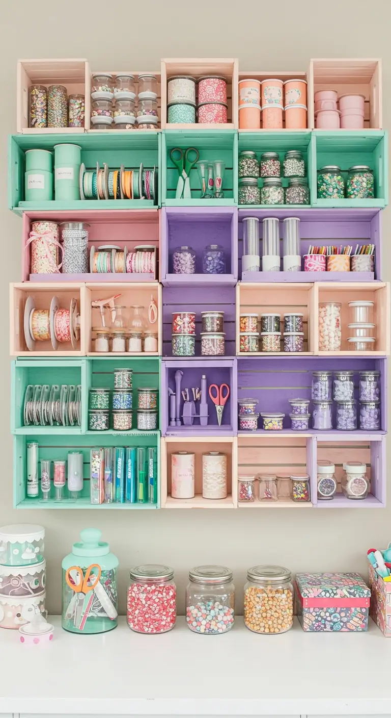 Pared de estanterías de cajas de madera con interiores pintados en tonos pastel para organizar cintas.