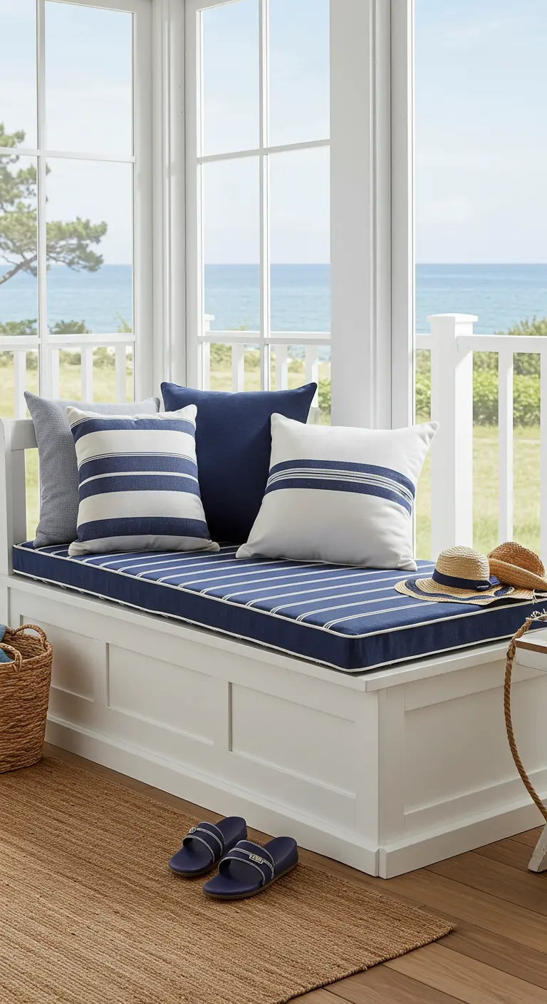 Banco de ventana blanco con cojín de rayas azules y blancas y vistas al mar.