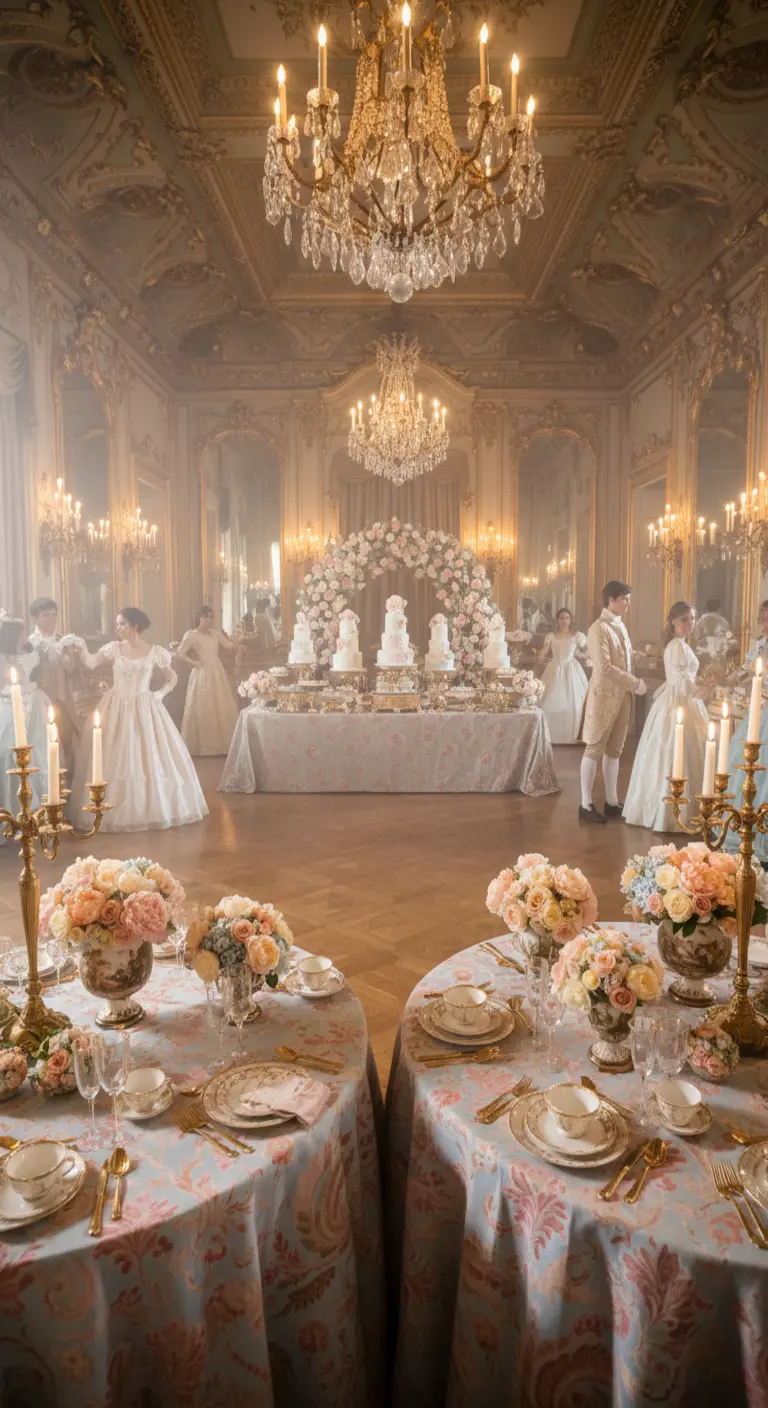 Quinceañera estilo Bridgerton en un salón de baile con flores pastel y pasteles.