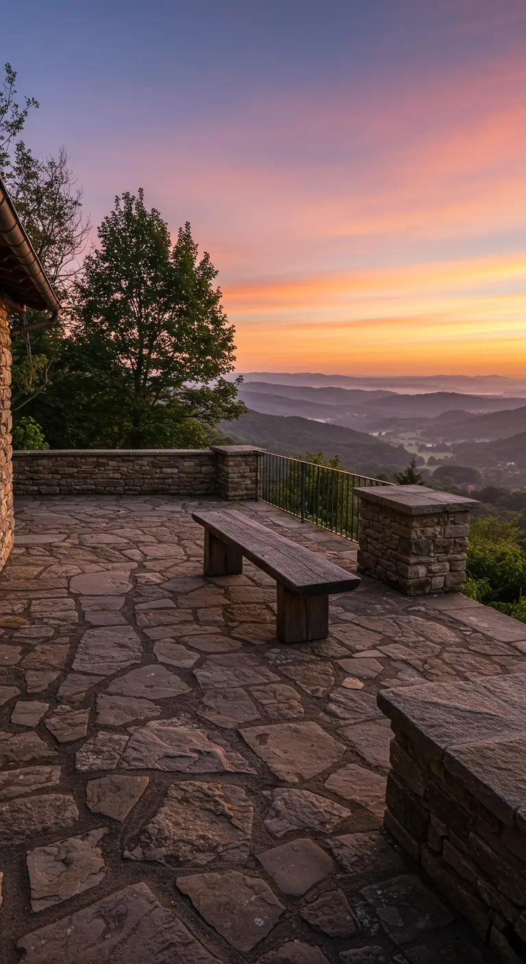 Terraza de piedra con un banco de madera maciza mirando a un espectacular valle montañoso al amanecer.