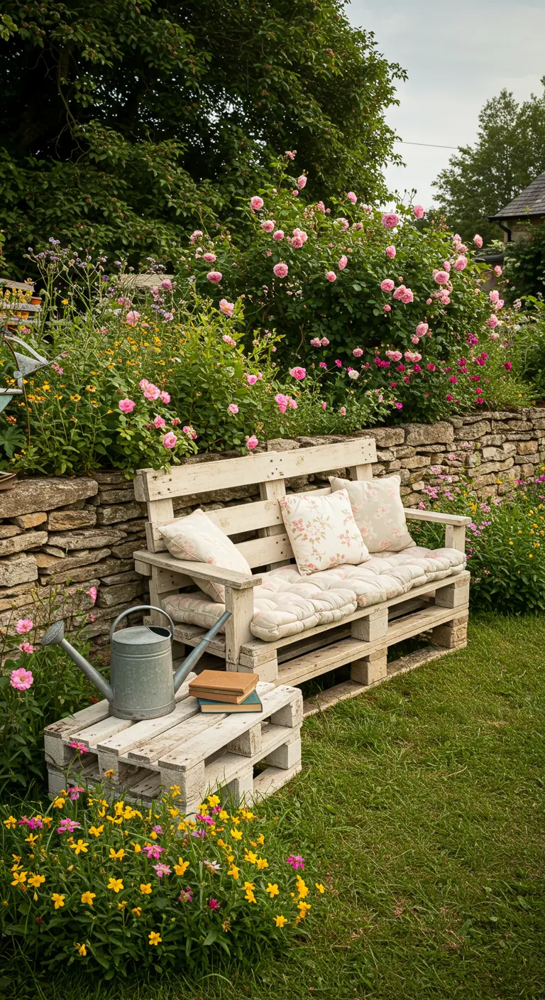 Banco de palets pintado de blanco decapado con cojines florales junto a un muro de piedra y rosales.