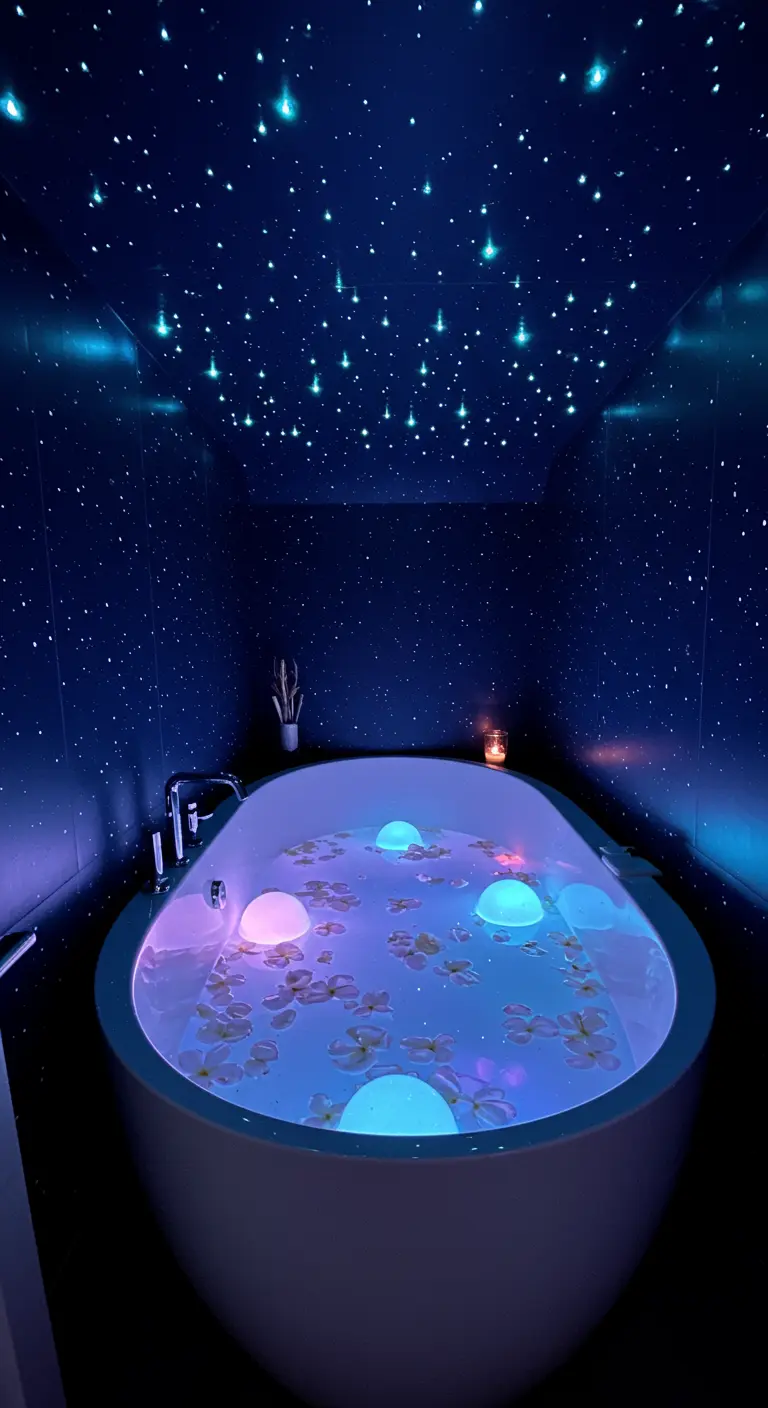 Bañera en un baño oscuro con el techo iluminado como un cielo estrellado y luces flotantes.
