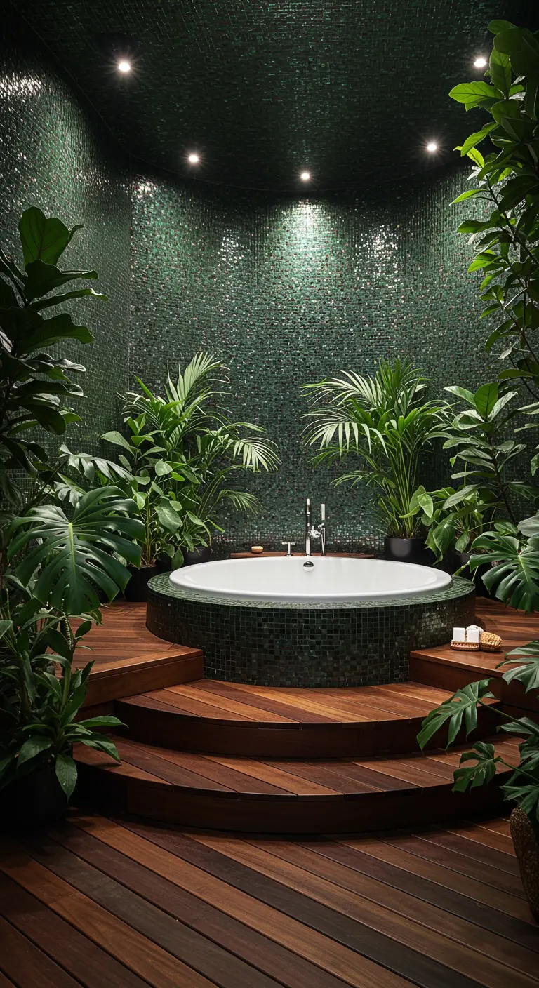 Bañera redonda rodeada de mosaico verde, plantas y una tarima de madera.
