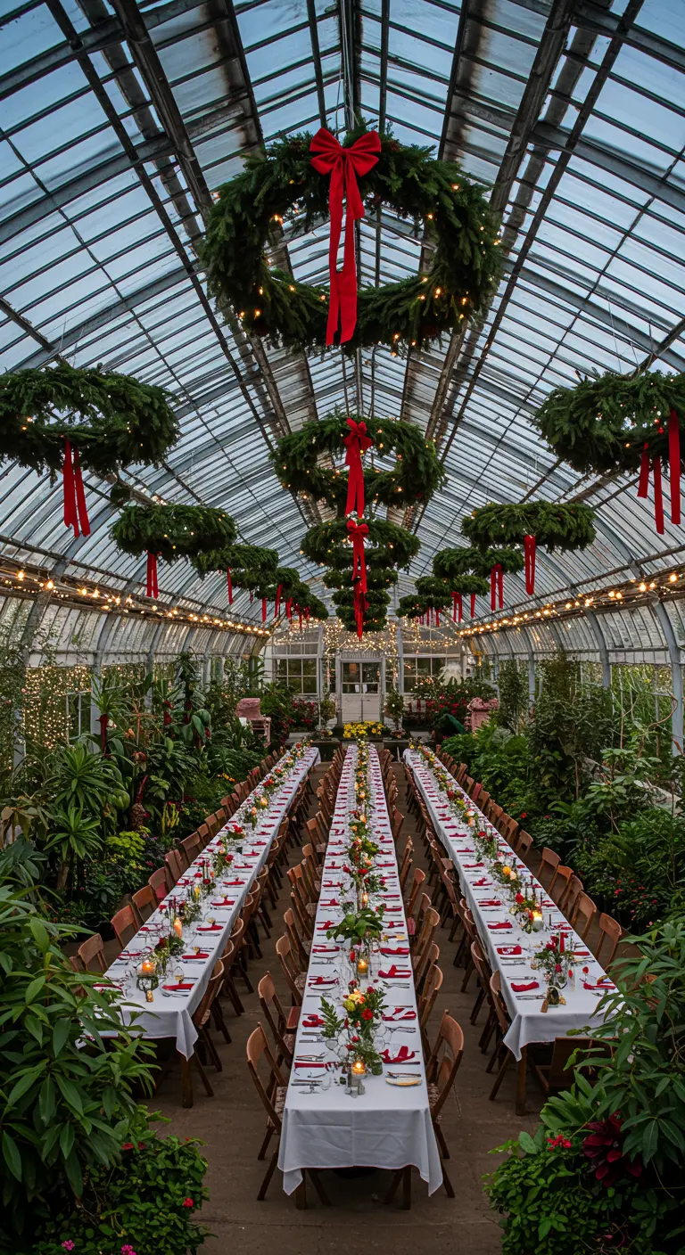 Larga mesa de banquete en un invernadero con docenas de coronas colgando del techo.