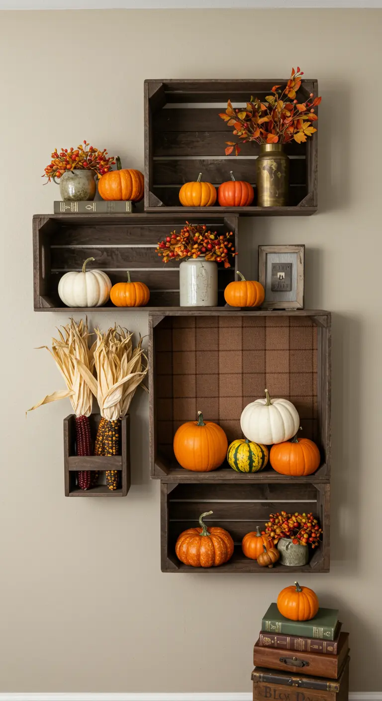 Composición de estanterías de cajas de madera oscuras decoradas con calabazas y motivos otoñales.