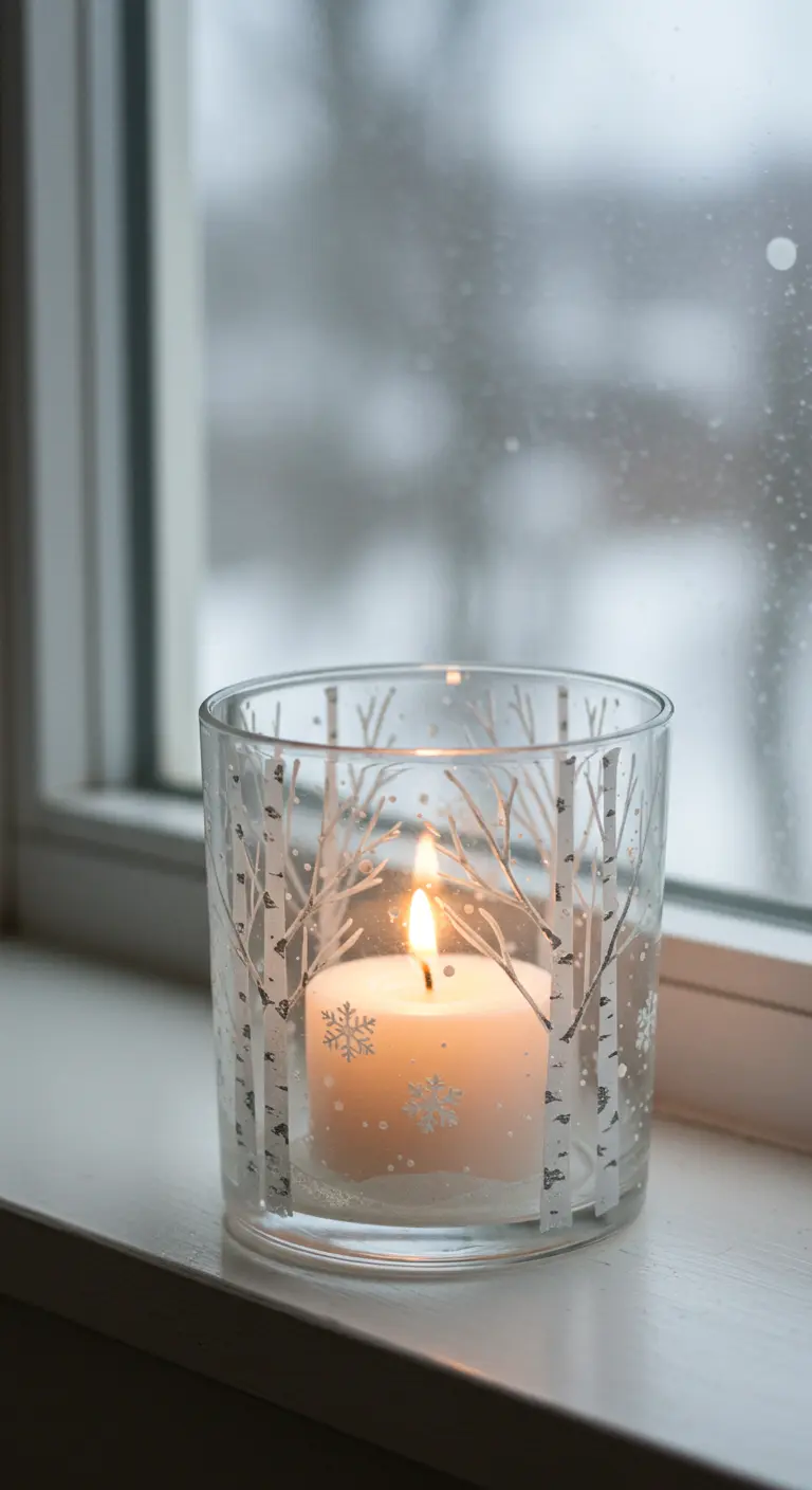 Portavelas de cristal pintado con abedules blancos y copos de nieve, con una vela dentro.