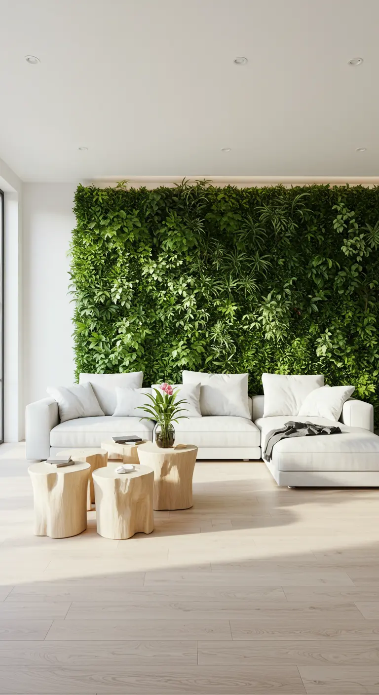 Sala de estar con una pared verde vertical, sofá seccional blanco y mesas de centro de madera.