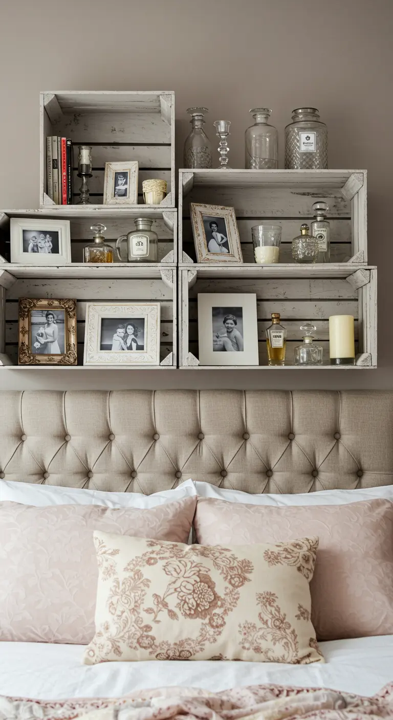 Composición de cajas de madera blancas decapadas sobre la cama, funcionando como cabecero con fotos.