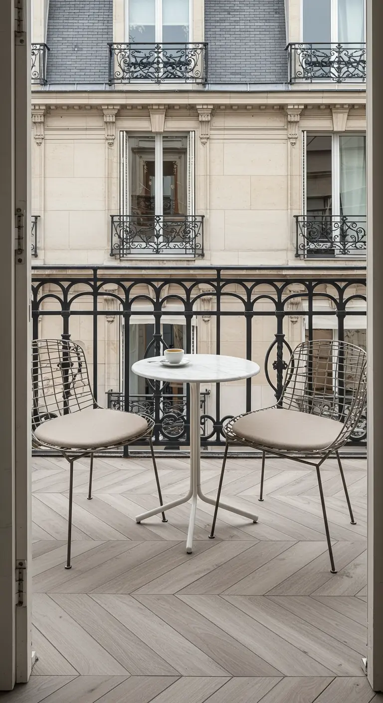 Balcón parisino con suelo de madera en espiga y un conjunto de bistró blanco con vistas a un edificio