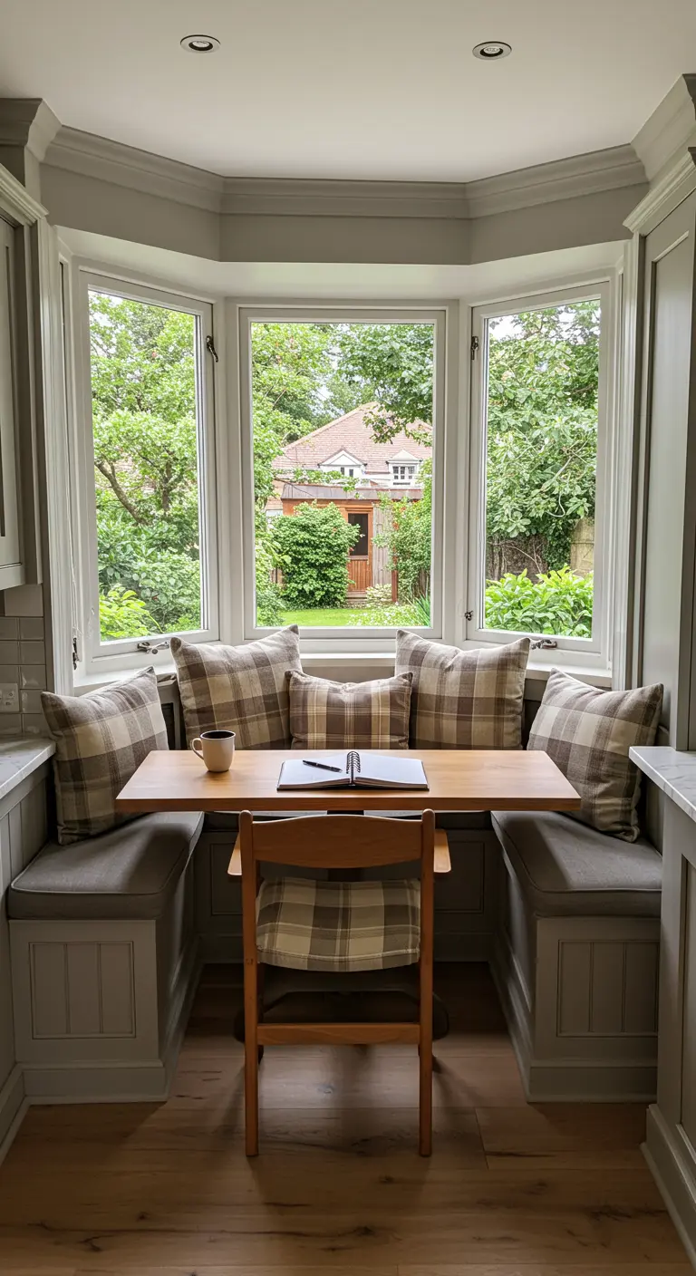 Rincón de trabajo en un mirador con bancos a medida y cojines de cuadros