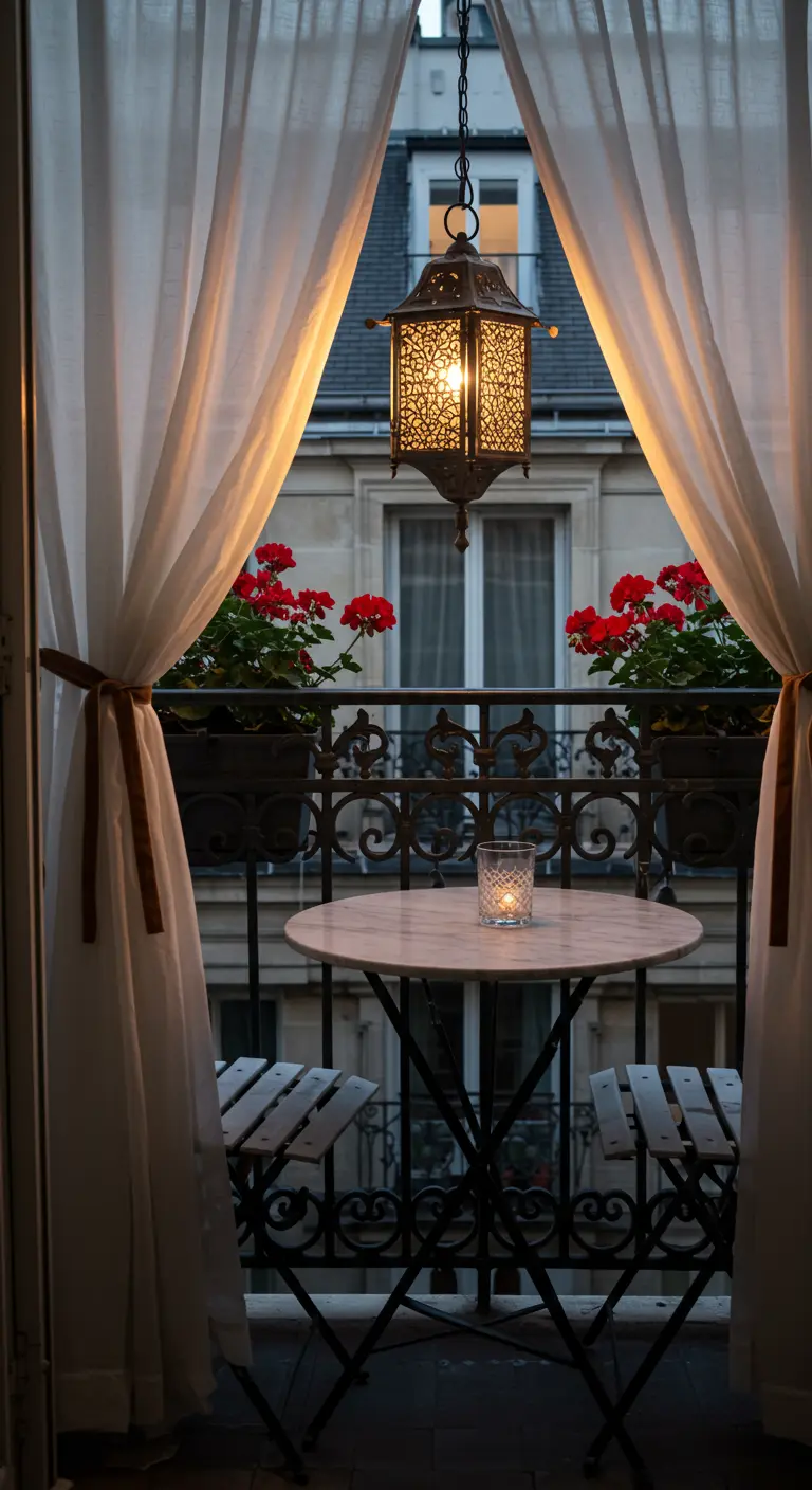Balcón parisino con cortinas blancas, un farol marroquí, mesa redonda y geranios rojos.