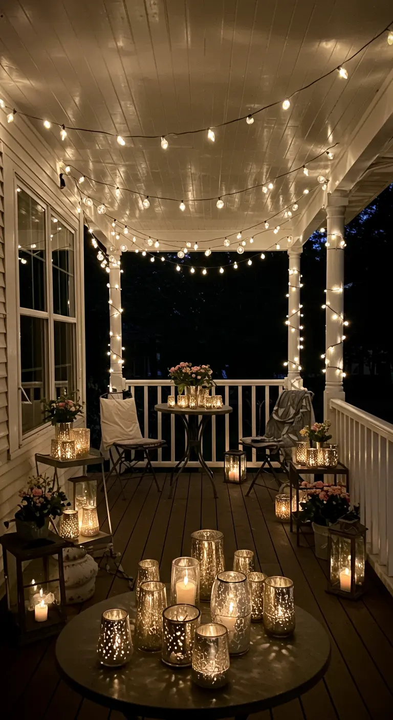 Porche decorado como un café, con mesas, sillas, muchas luces y portavelas de cristal.