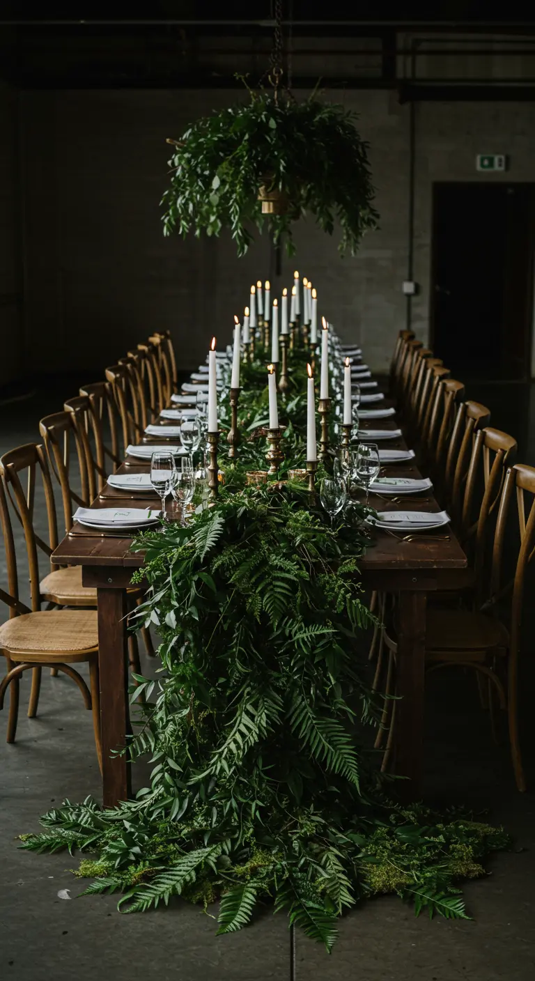 Larga mesa de comedor con un exuberante camino de mesa de helechos que cae hasta el suelo.