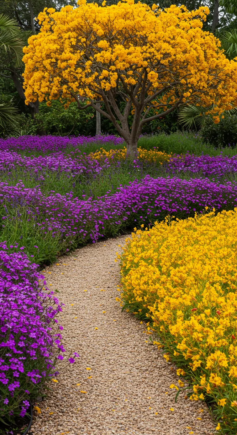 Sendero de grava que se curva entre macizos de flores amarillas y púrpuras con un árbol de flores amarillas.