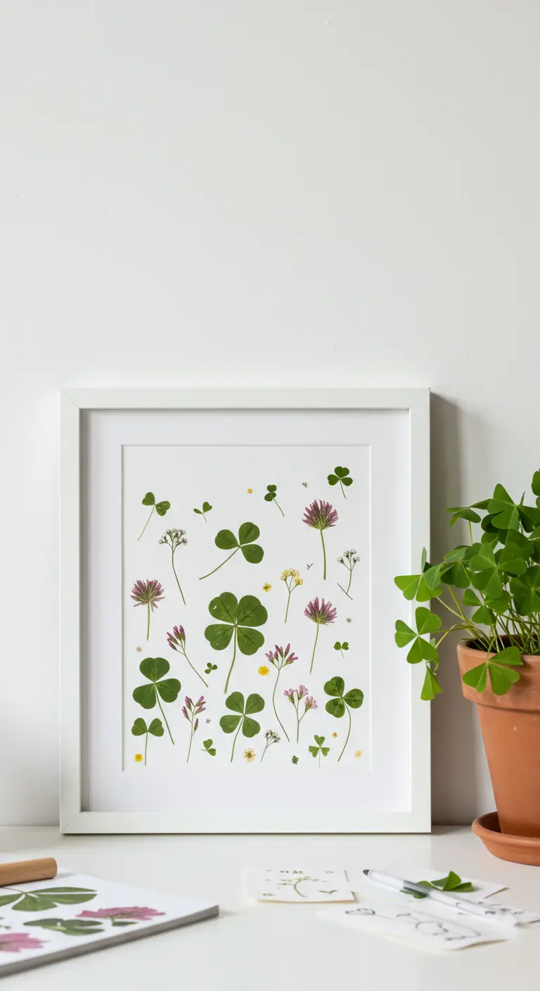 Cuadro con tréboles y pequeñas flores silvestres prensadas, esparcidas sobre un fondo blanco.