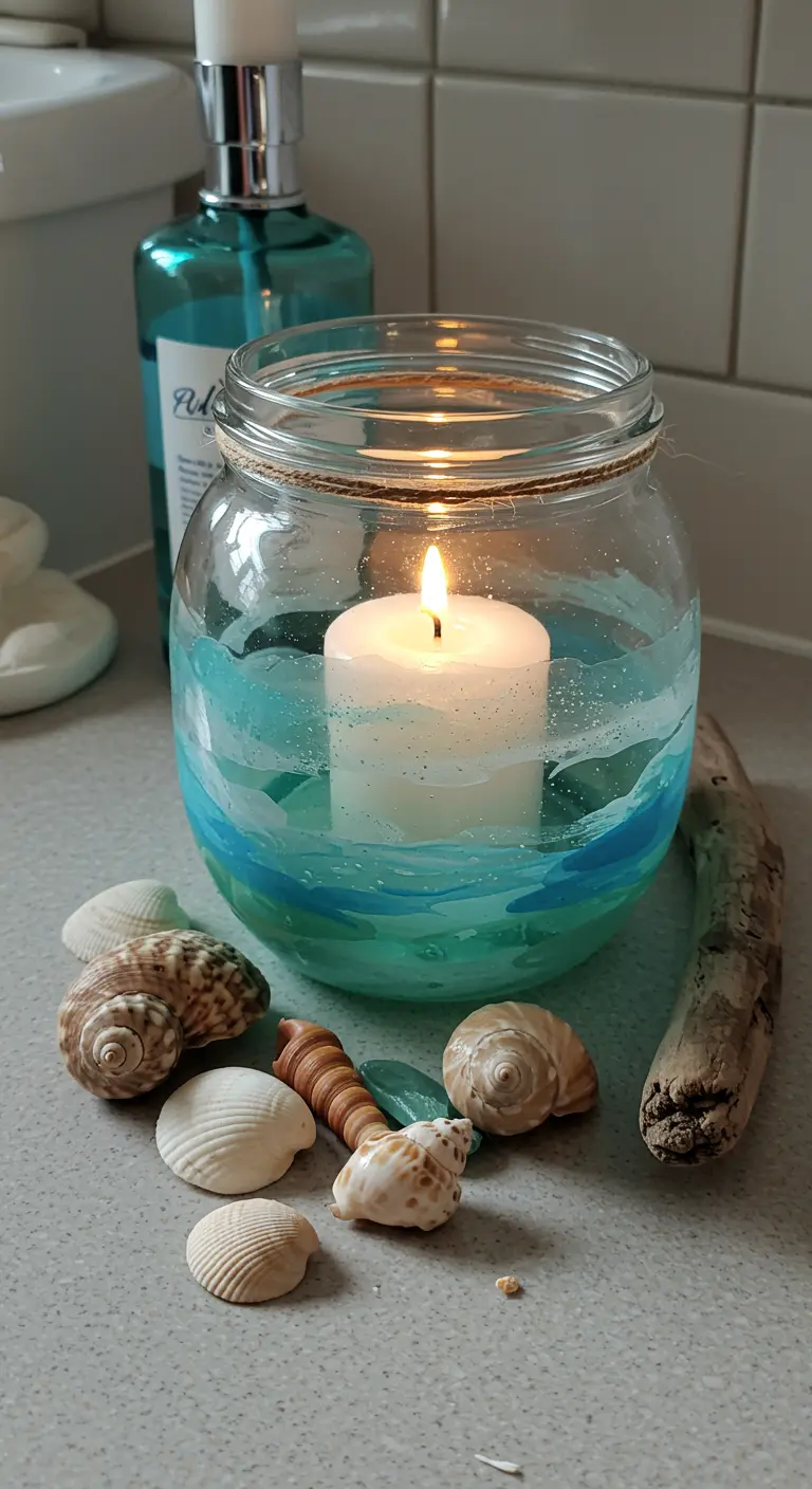Portavelas de cristal con pintura azul y turquesa simulando olas, rodeado de conchas.