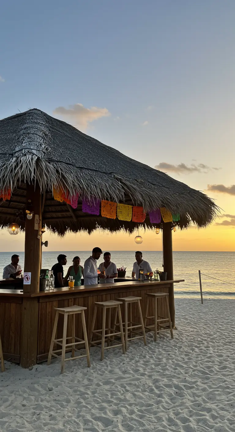Bar de playa con techo de paja decorado con papel picado al atardecer.