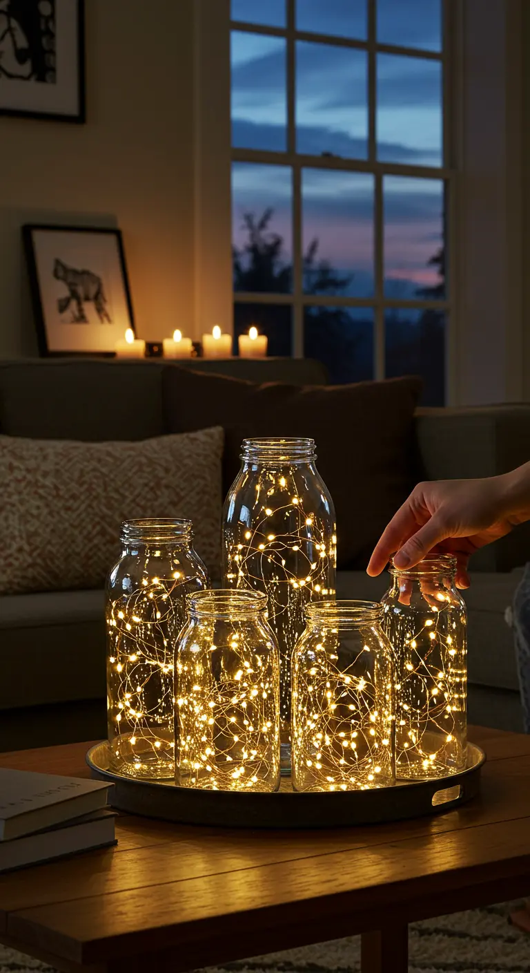 Varios frascos de vidrio de diferentes tamaños llenos de guirnaldas de luces LED cálidas encendidas.