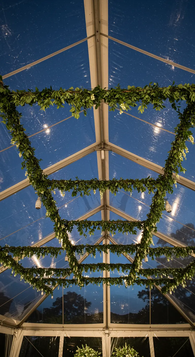 Techo de una carpa transparente con vigas decoradas con guirnaldas de hojas verdes y flores blancas.