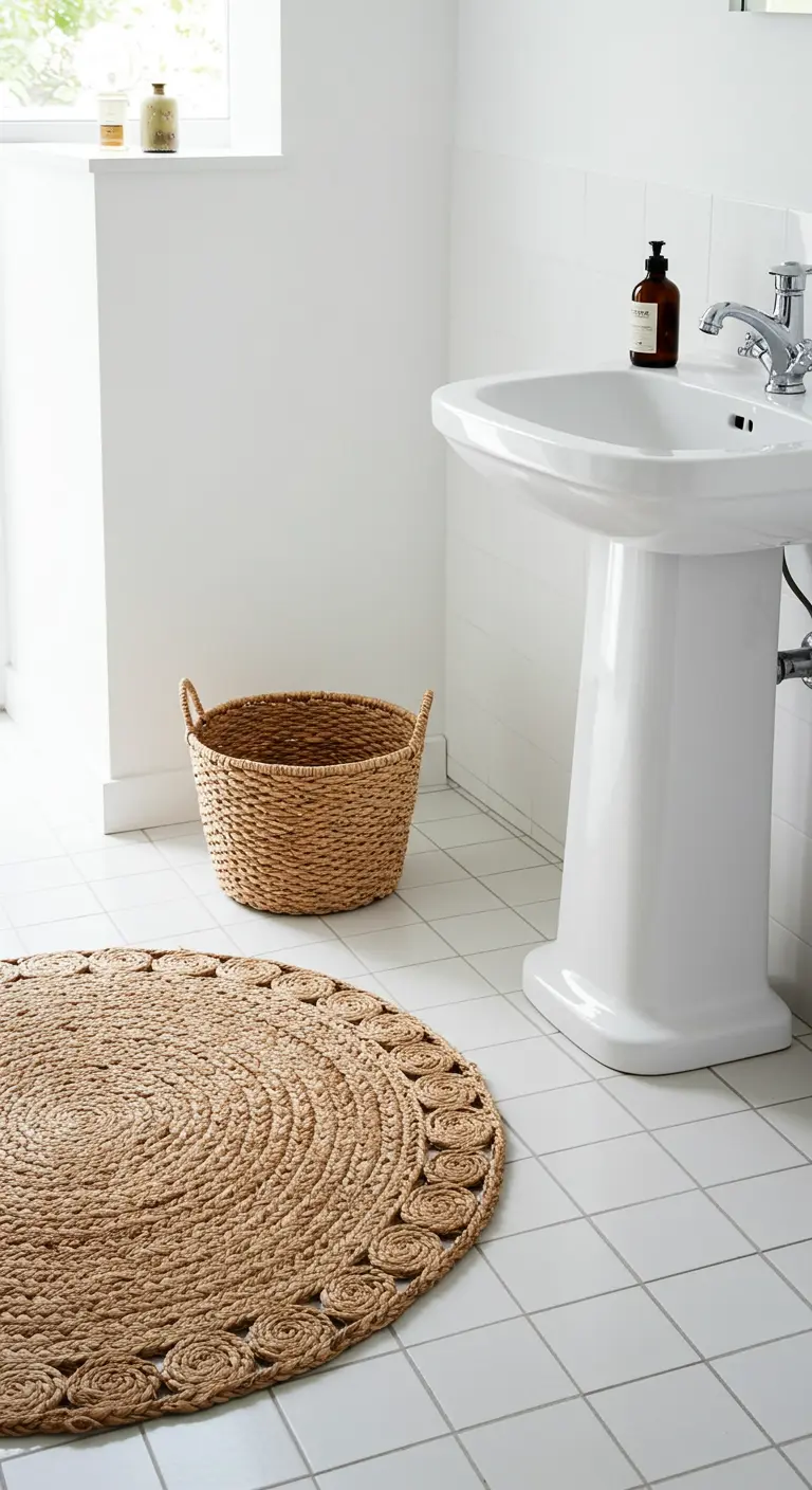 Baño blanco con lavabo de pedestal y una alfombra redonda de yute trenzado en el suelo.