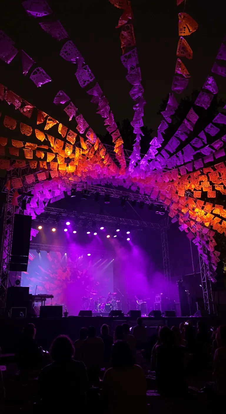 Escenario de un concierto de noche cubierto por un techo de papel picado iluminado en morado y naranja.
