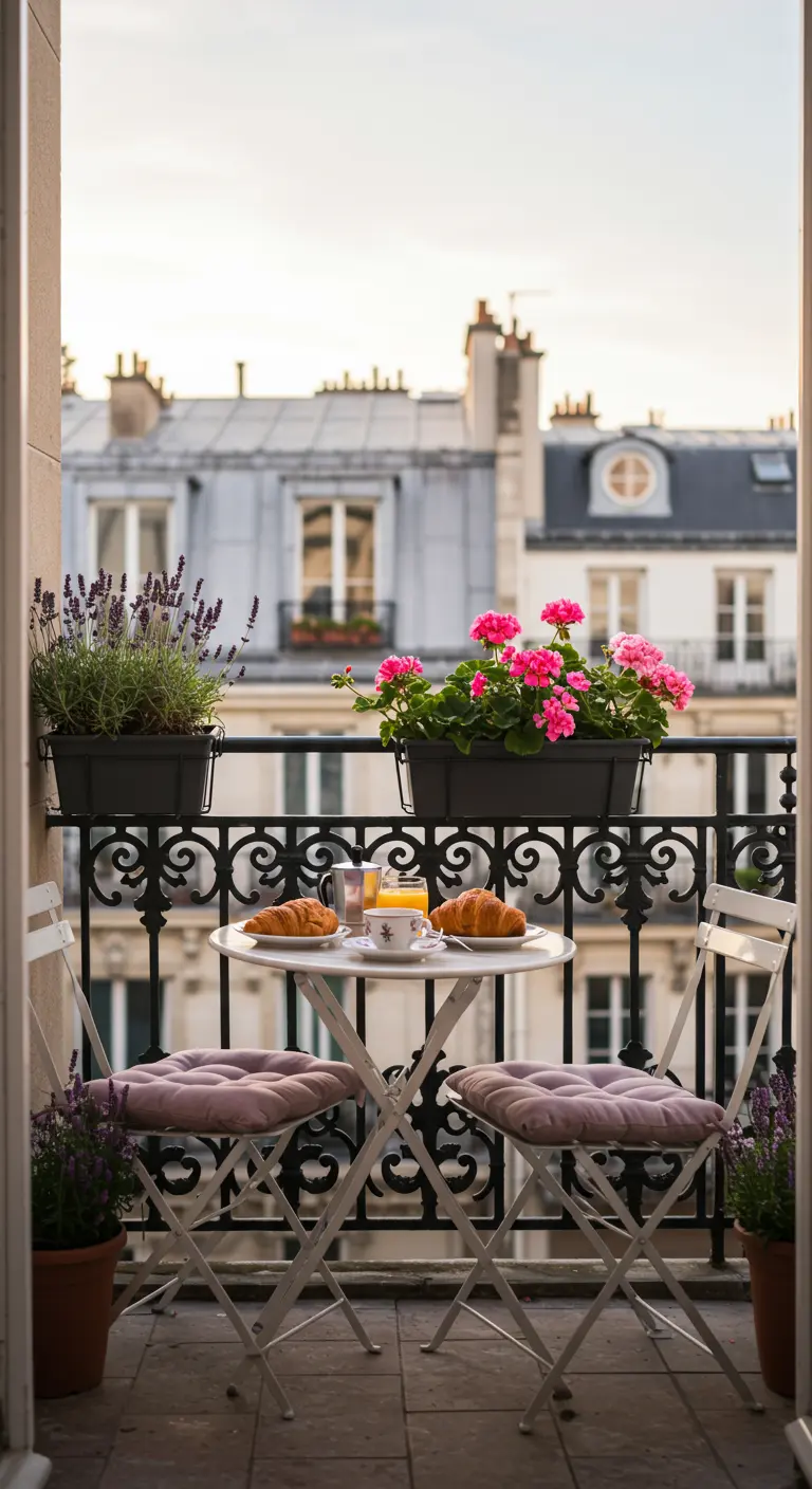 Balcón romántico de estilo parisino con mesa de bistró, flores y vistas a la ciudad