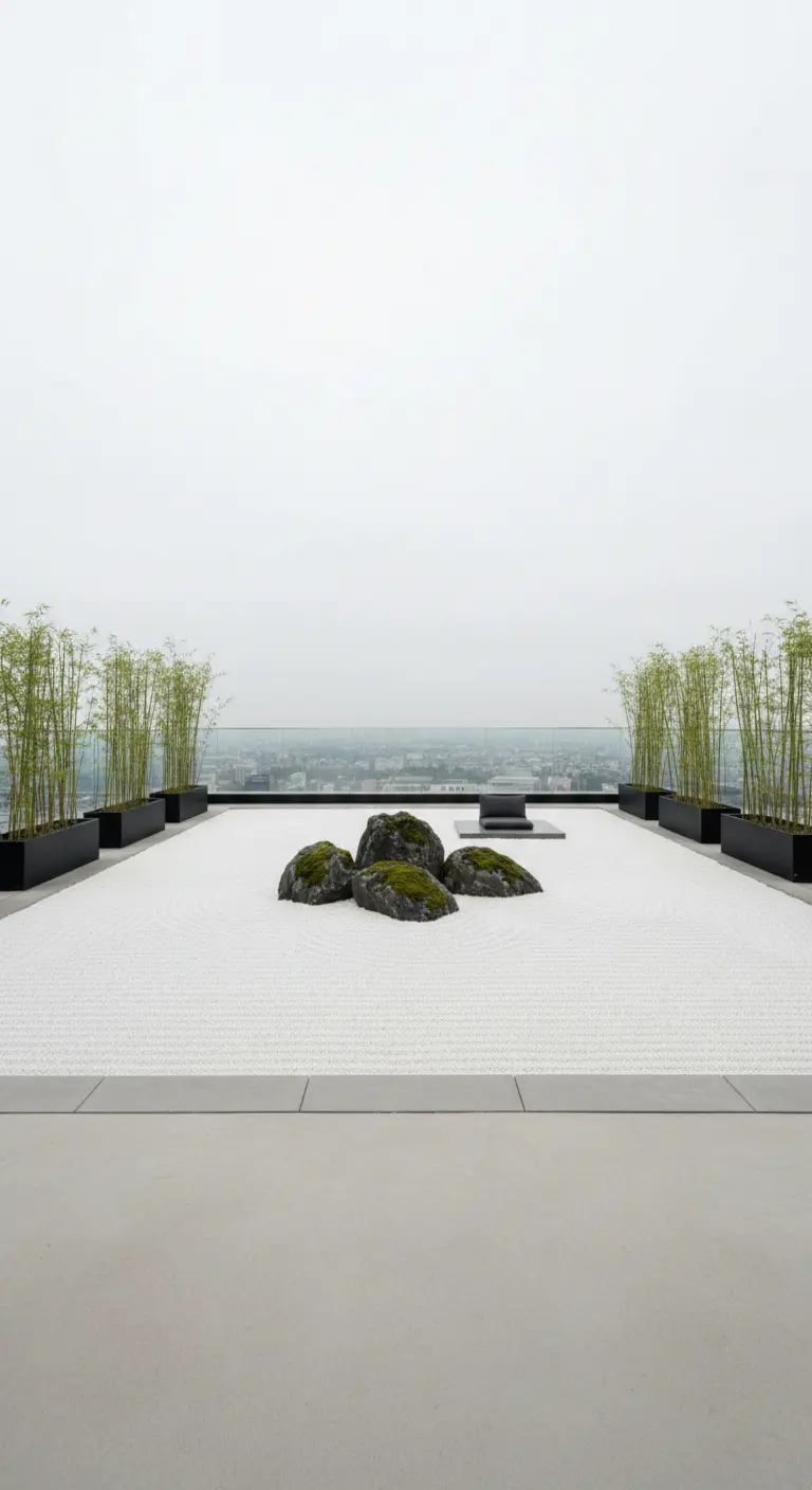 Jardín zen minimalista en una azotea con arena blanca rastrillada, rocas y bambú en maceteros.
