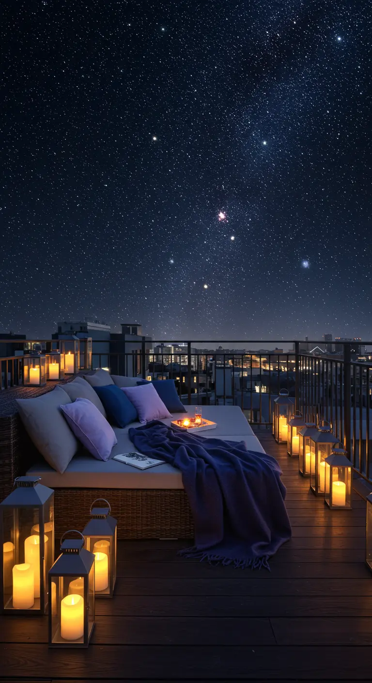 Terraza en una azotea de noche con una cama de día, cojines azules y muchísimos farolillos encendidos