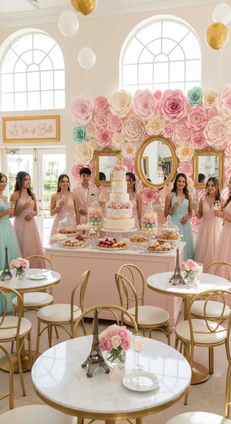 Quinceañera con temática parisina, pared de flores de papel y mesa de postres.