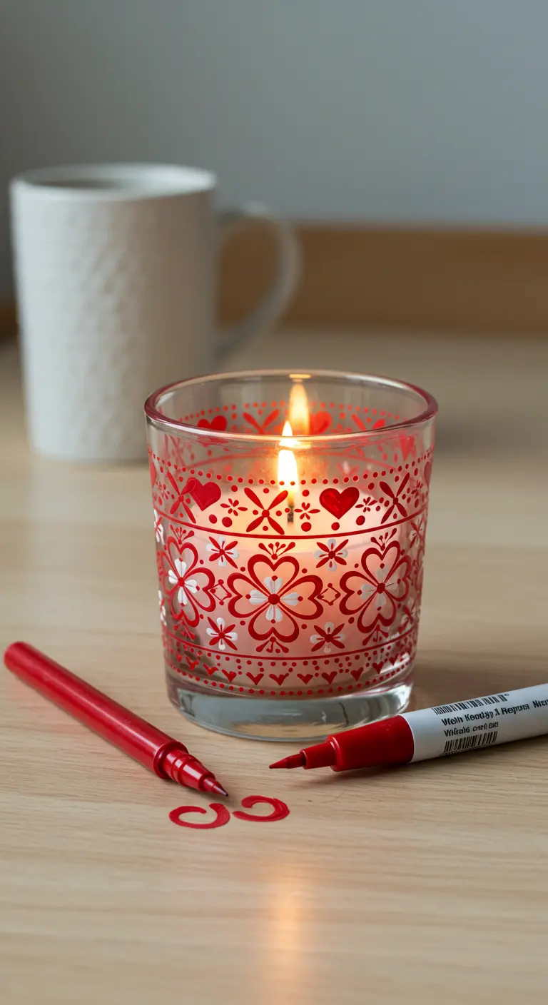 Vaso de cristal decorado con un patrón repetitivo de corazones y flores rojas con una vela encendida.