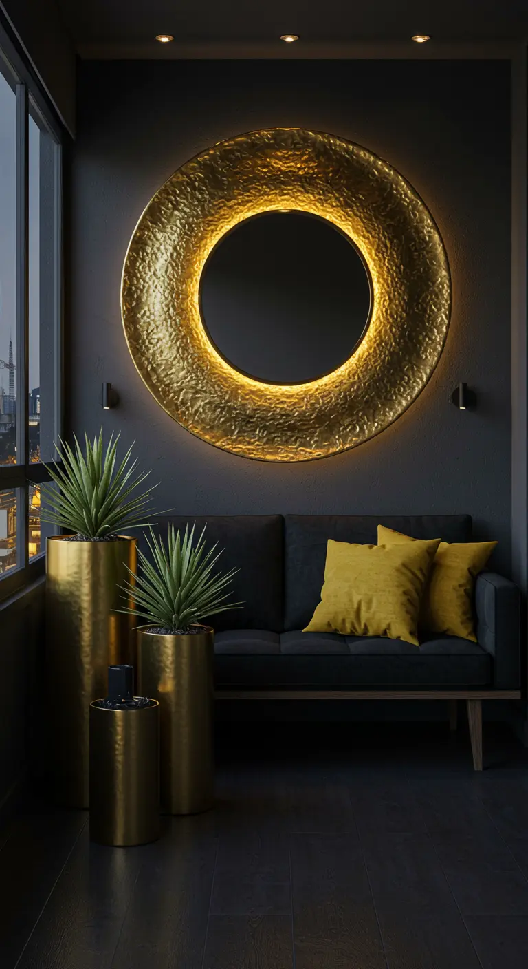 Gran espejo redondo con marco dorado martillado y retroiluminación en un balcón oscuro.