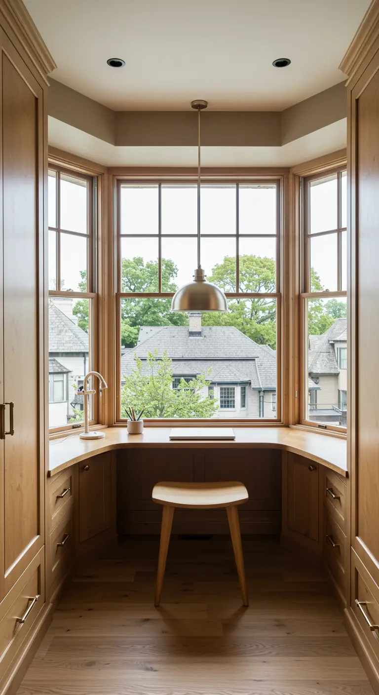 Escritorio de madera integrado en un ventanal curvo con vistas a un vecindario arbolado.