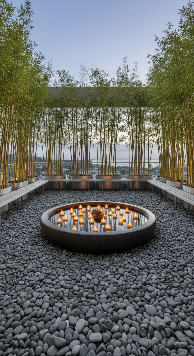 Terraza zen con un gran cuenco de agua con velas flotantes, rodeado de bambú y bancos.