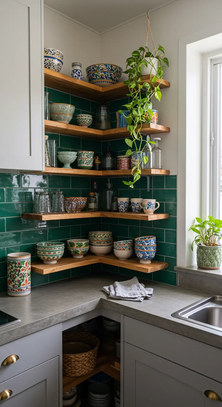Estanterías de madera en una esquina con azulejos verdes y una colección de cuencos de cerámica coloridos