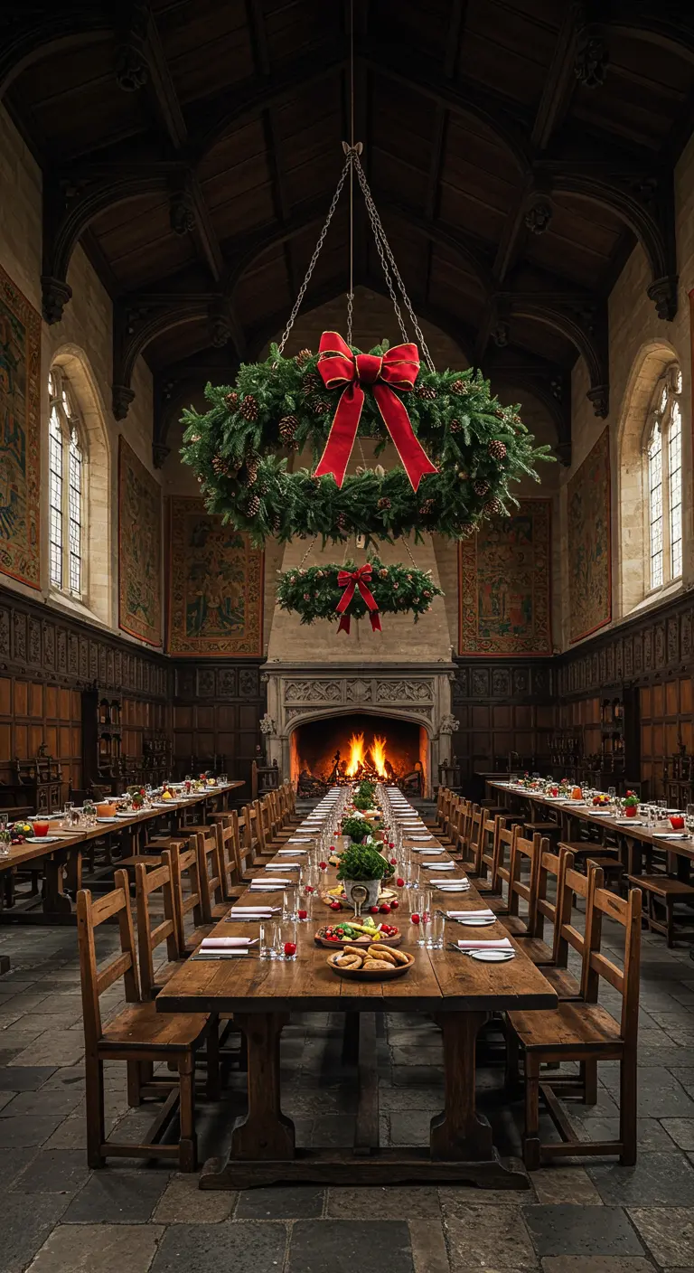 Gran salón medieval con largas mesas de madera y enormes coronas colgando del techo.