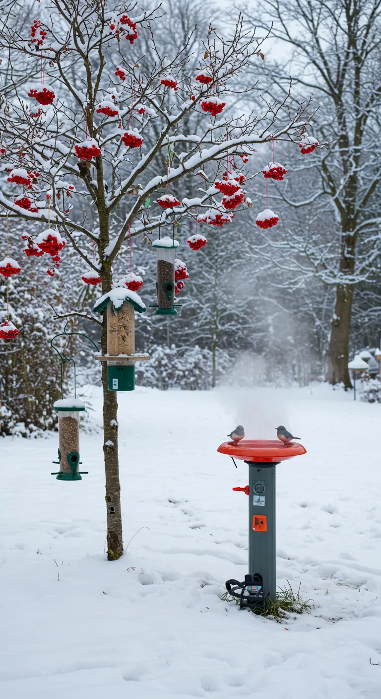 Árbol nevado con comederos para pájaros y adornos de bayas rojas.