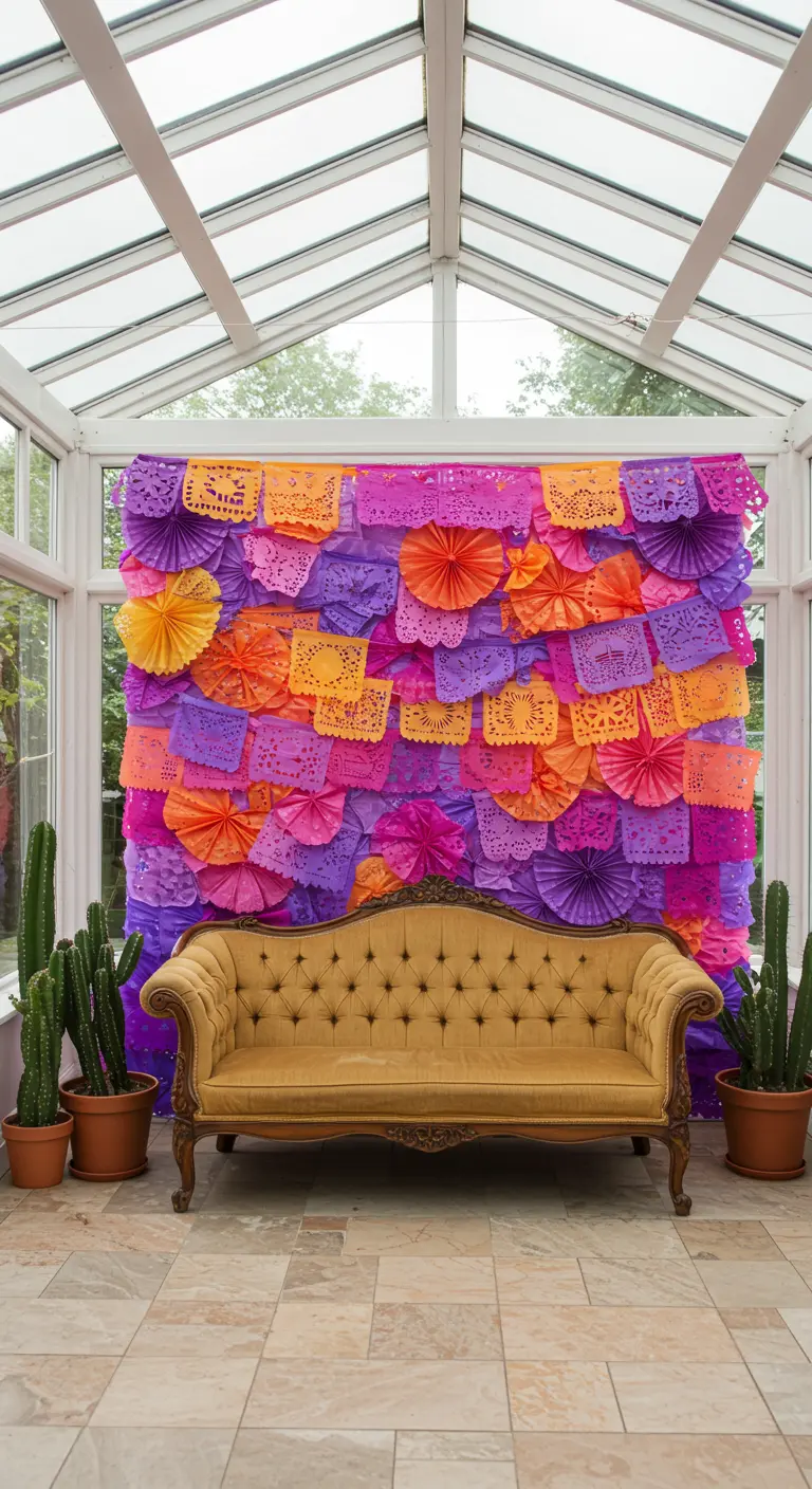 Pared cubierta de papel picado y rosetones de papel morado y naranja, con un sofá vintage.