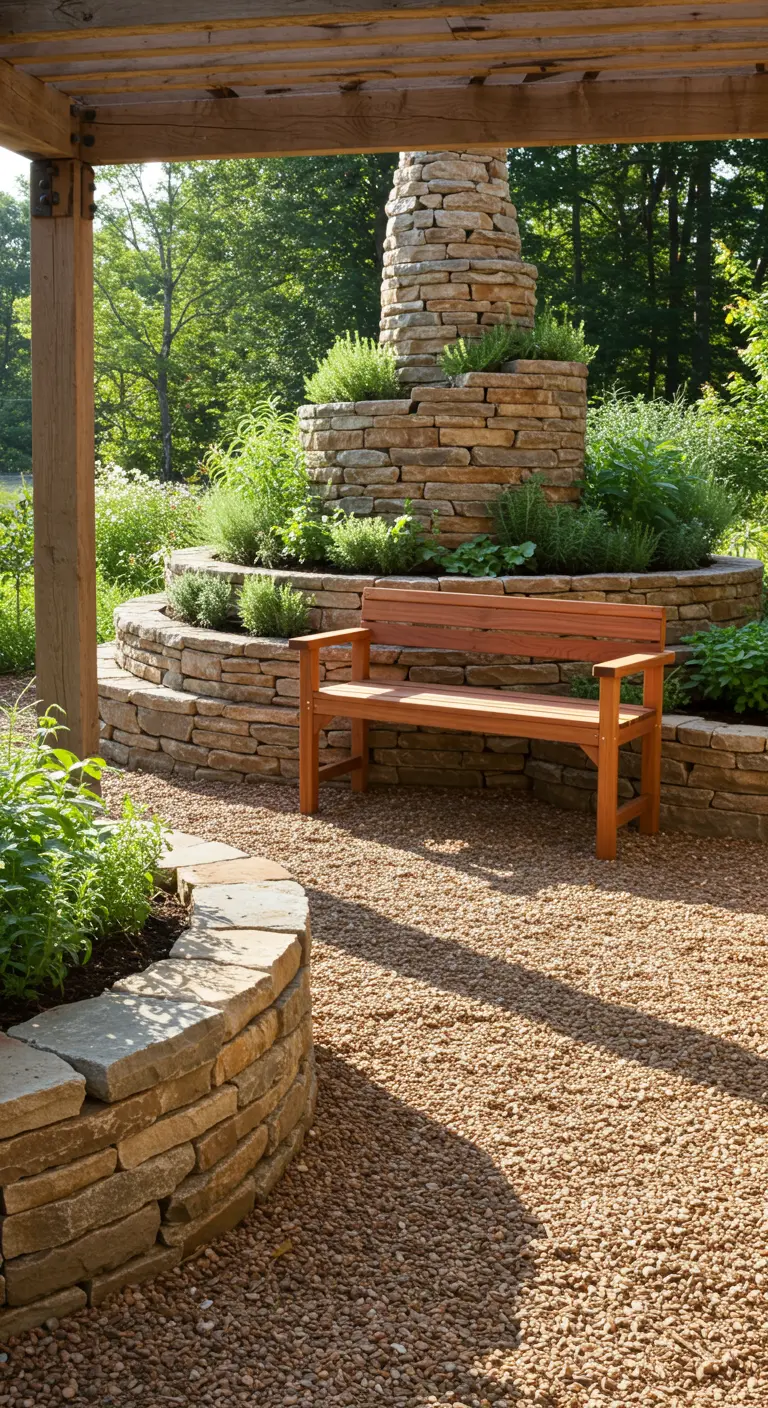 Jardín de hierbas en espiral construido con piedra, con un banco de madera en un patio de grava.