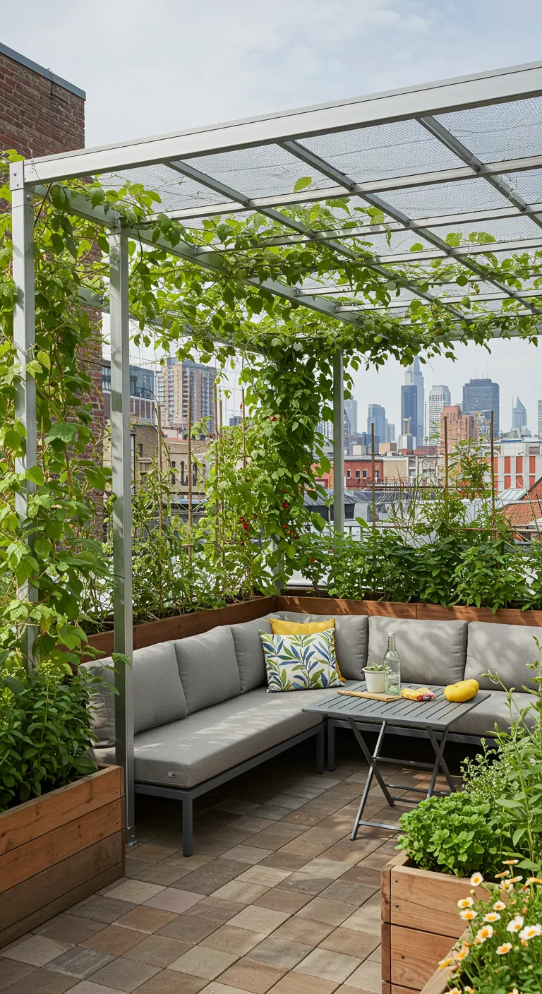 Azotea con pérgola de metal, jardineras de madera y vistas a la ciudad.