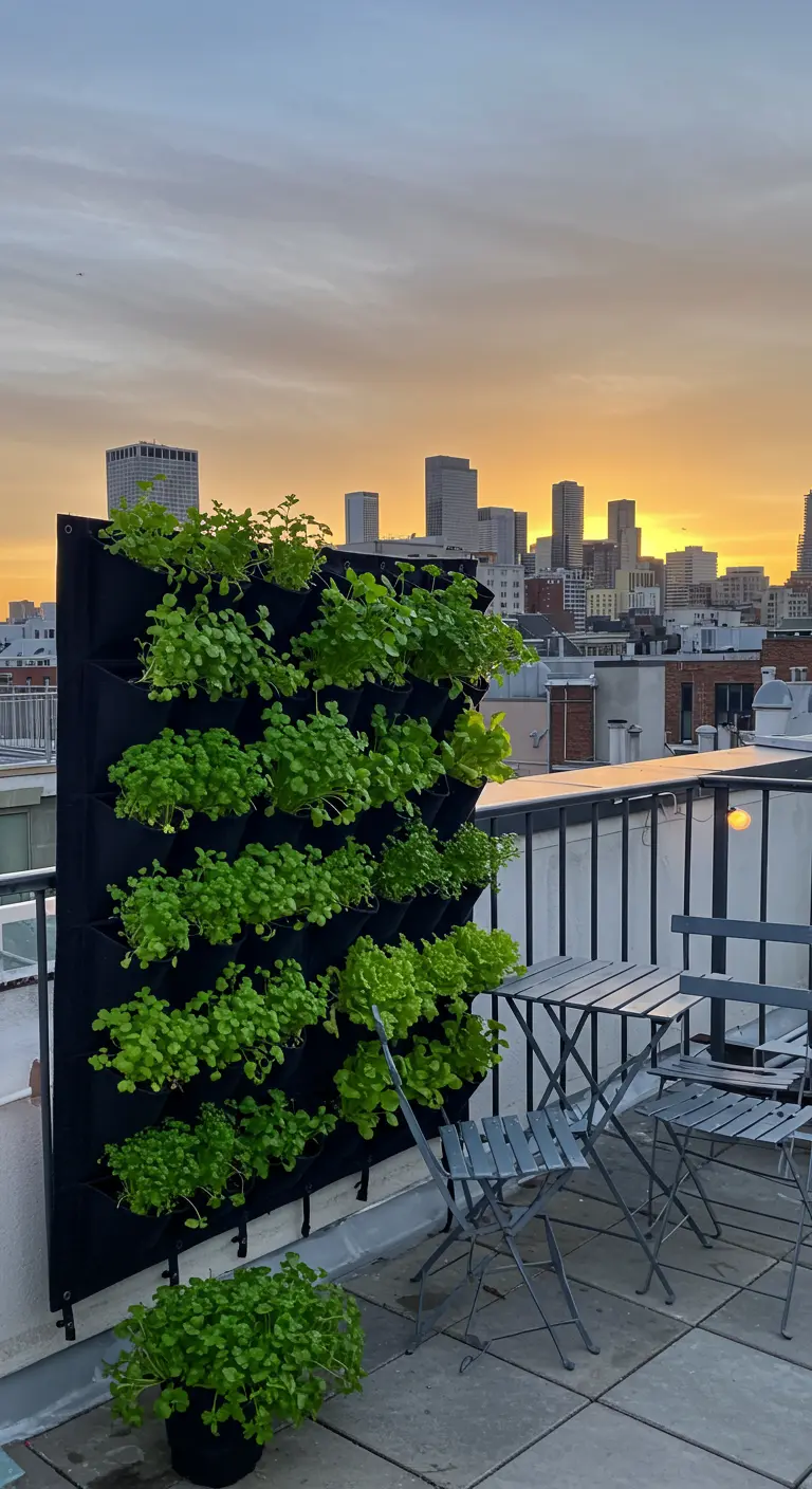 Balcón urbano con un jardín vertical de fieltro negro lleno de hierbas aromáticas al atardecer.