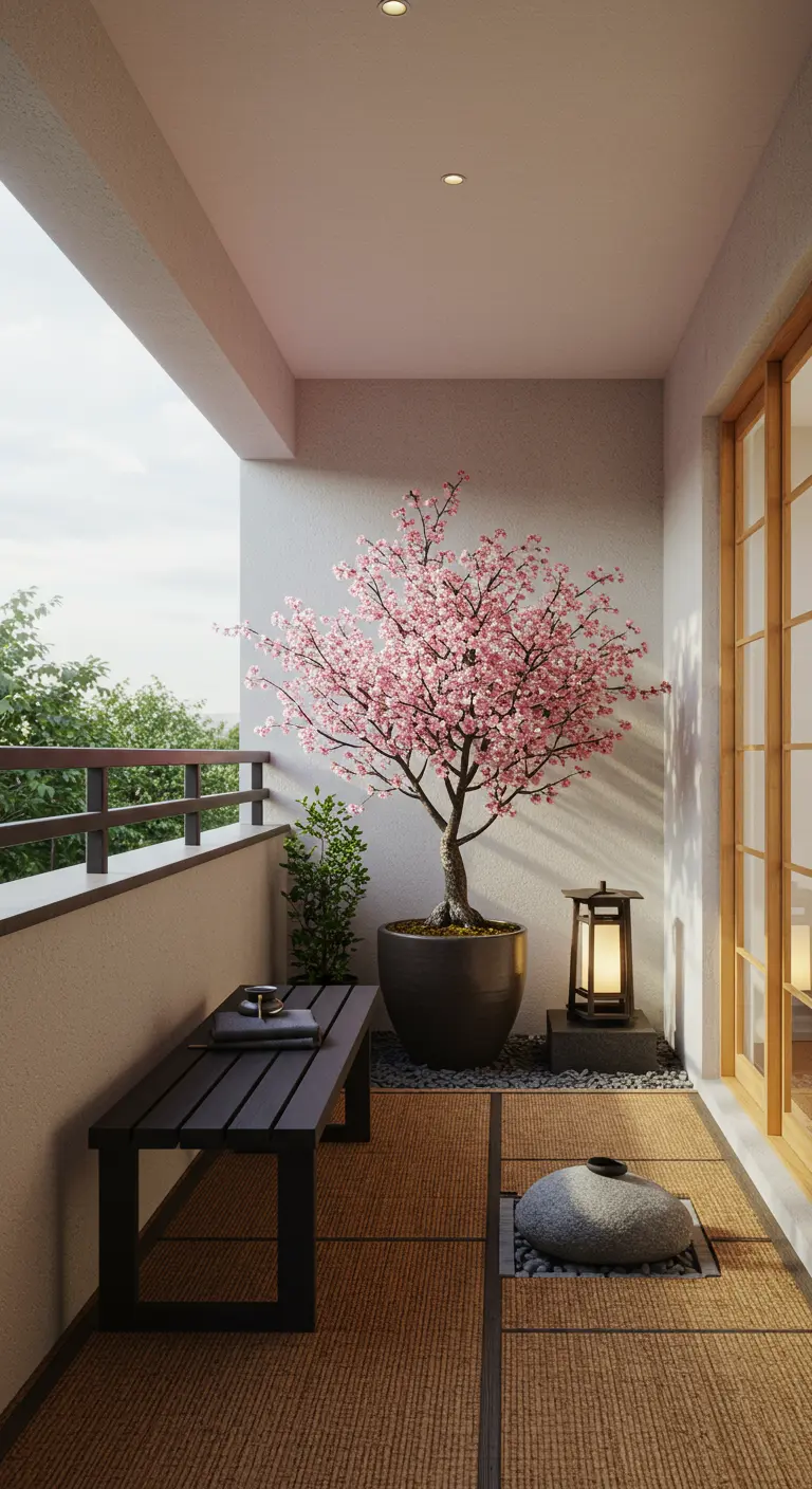 Balcón de estilo japonés con un cerezo en flor, un banco de madera y suelo de tatami.
