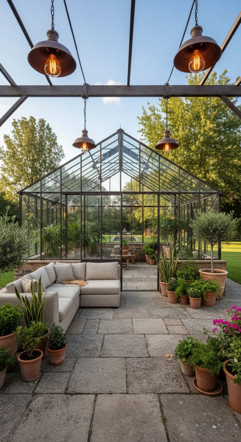 Exterior de un invernadero de cristal y metal con un sofá modular y lámparas industriales colgantes