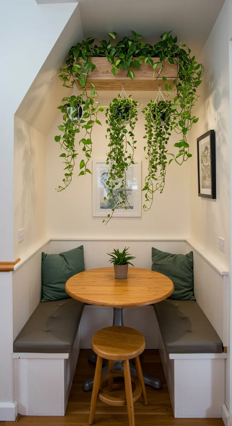 Rincón de comedor con una estructura de madera colgante llena de plantas verdes.