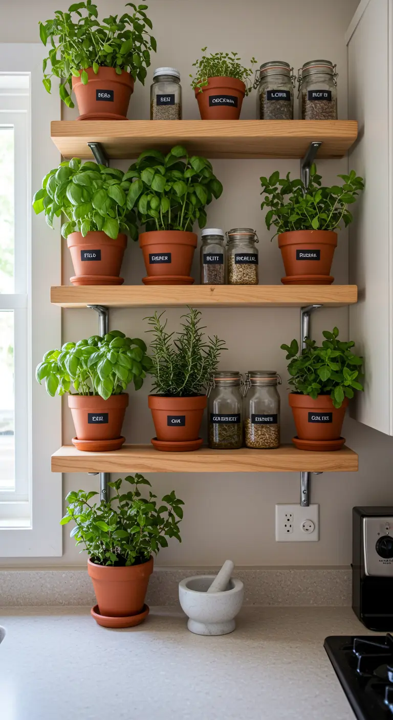 Estanterías de madera llenas de macetas de terracota con hierbas aromáticas frescas y especias