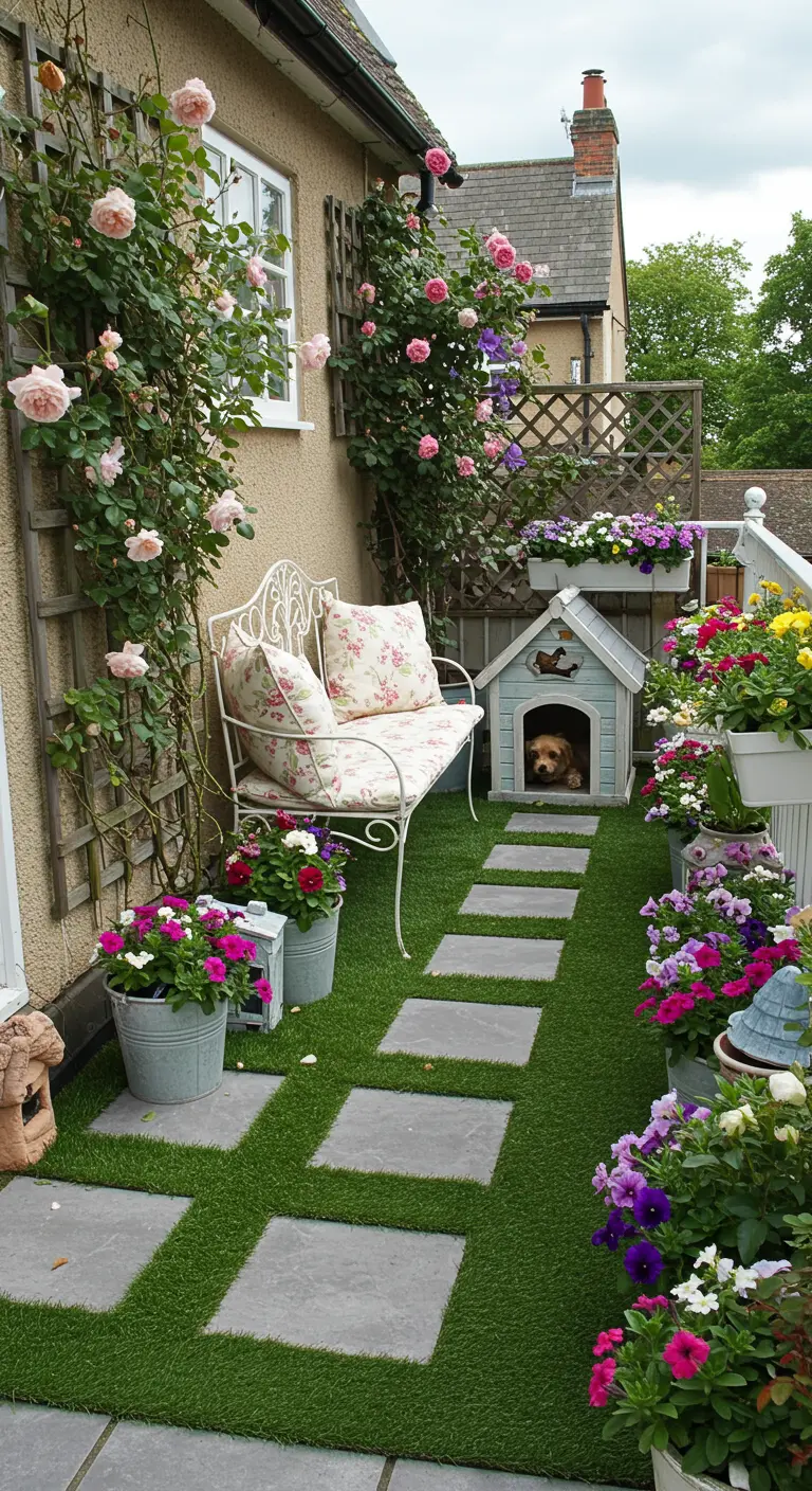 Patio estilo cottage con césped artificial, camino de losas, rosales trepadores y una casita para perro